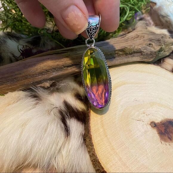 Bi-Color Tourmaline Green Purple Sterling Silver Pendant - Picture 6 of 10